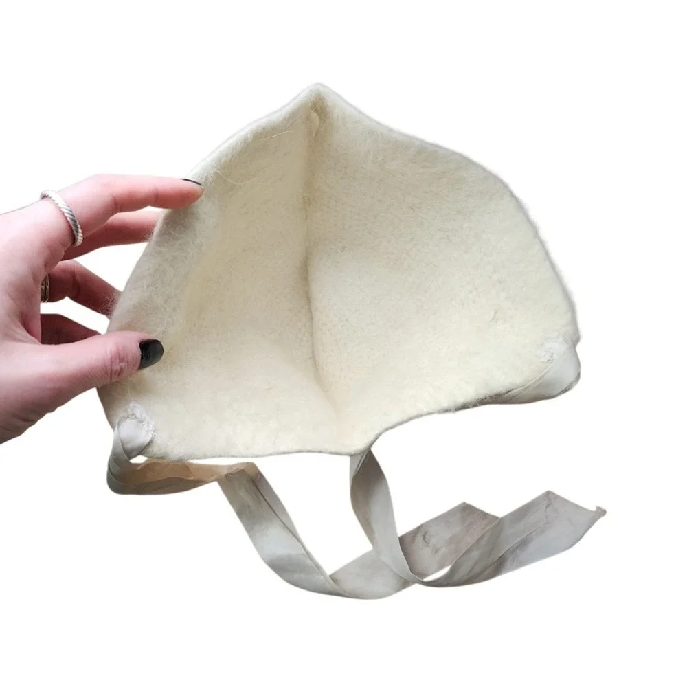 VINTAGE 60s Cream Angora Blend Baby Bonnet with Satin Ribbon Ties Toddler‎